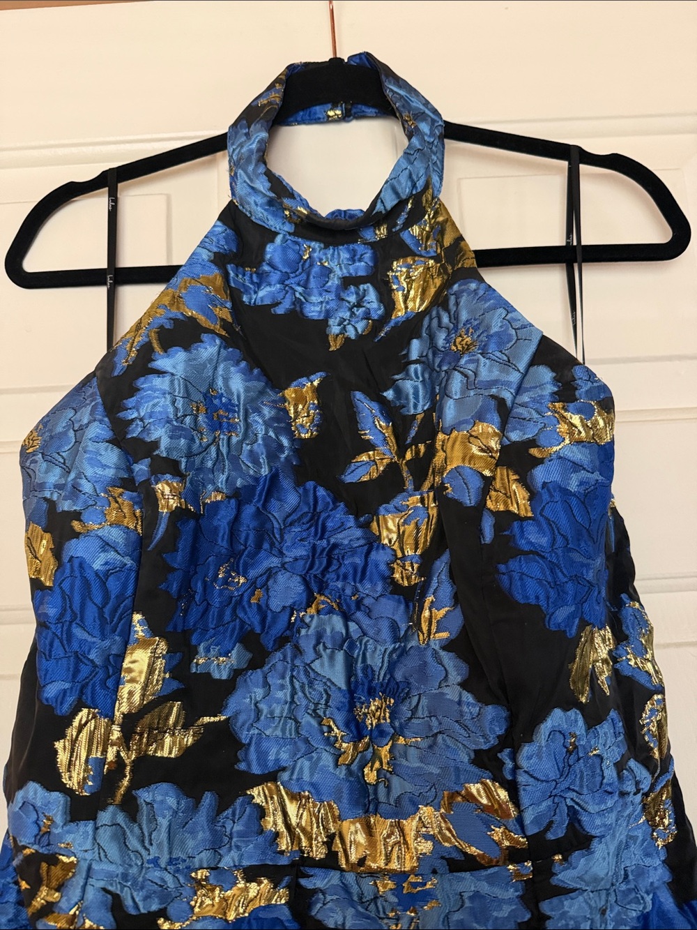 Lulu's Blue & Gold Floral Halter Mini Dress - Picture 2 of 6